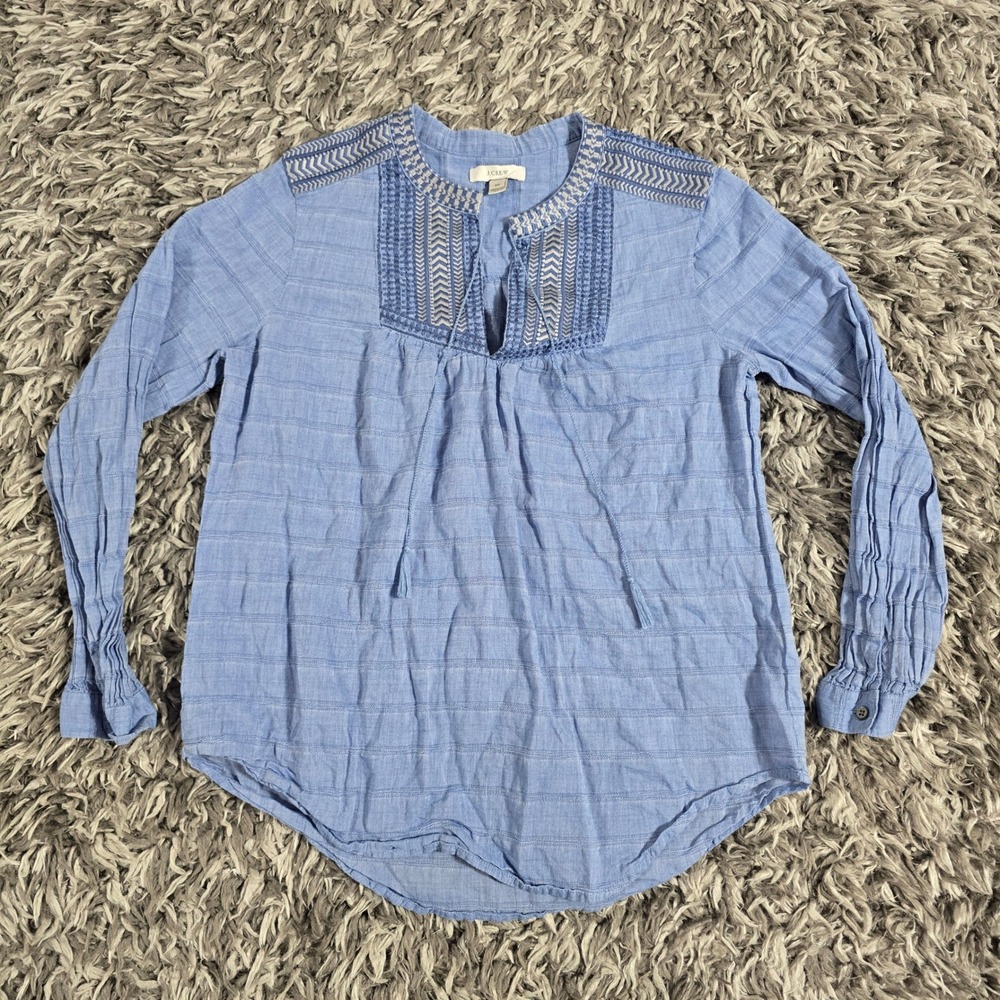 J.Crew Womens Blue Embroidered Split Neck Long Sleeve Blouse Top Size 00 07660